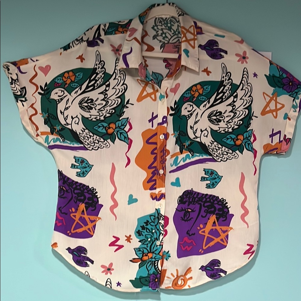 Women’s‎ top Sunburst kiss top women’s XL button up Graphic Print women’s  Shirt - Picture 6 of 13